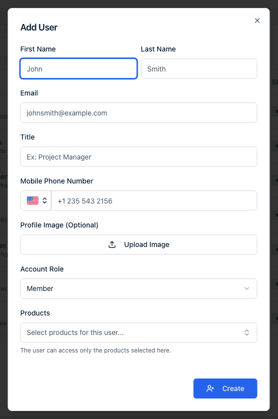 The Add User dialog with the Account Role field set to Member, below the name, email, title, phone, and image fields and above the Products picker.