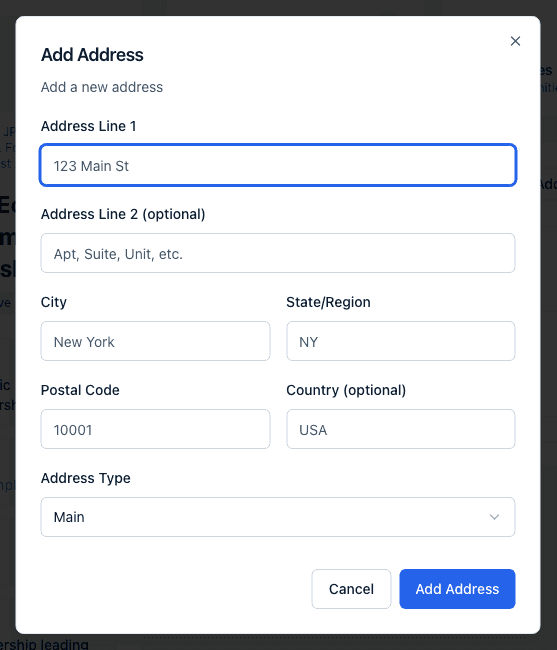 The Add Address dialog with Address Line 1, Address Line 2 (optional), City, State/Region, Postal Code, Country (optional), and Address Type fields.