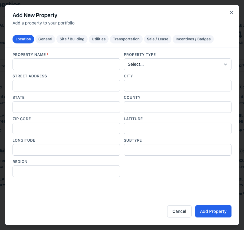 The Add New Property dialog on its Location tab, with Property Name, Property Type, and address fields.