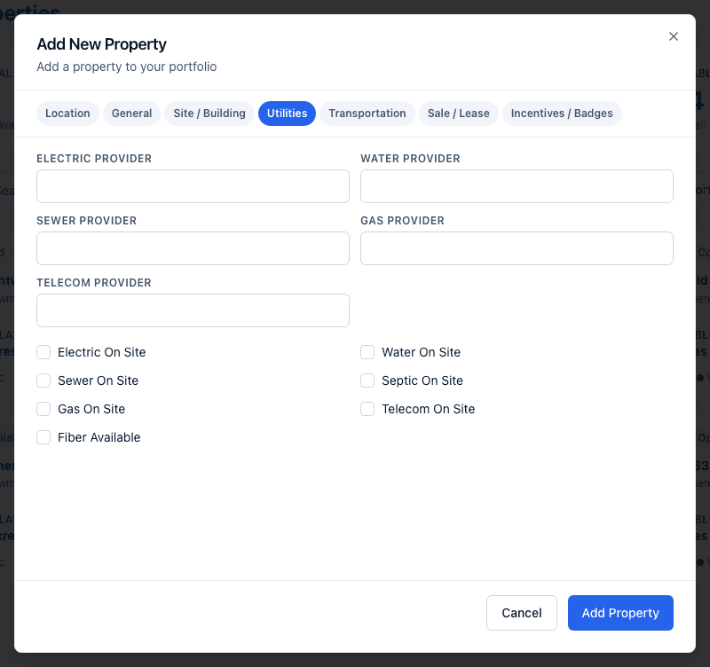 The Add New Property dialog on its Utilities tab, with on-site and provider fields for electric, water, sewer, gas, and telecom.