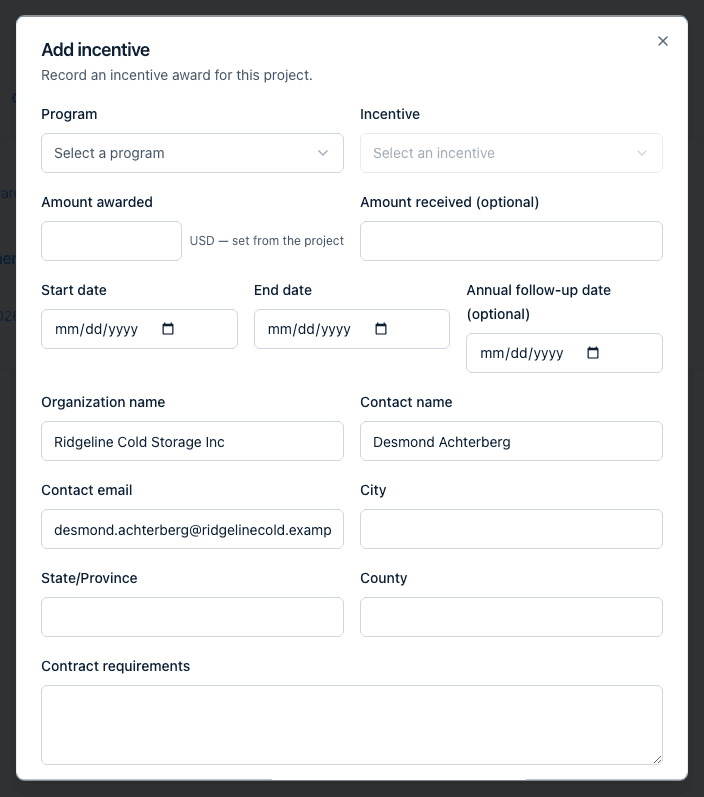 The Add incentive dialog with Program and Incentive selects, then Amount awarded, Amount received, Start date, End date, and Annual follow-up date fields.