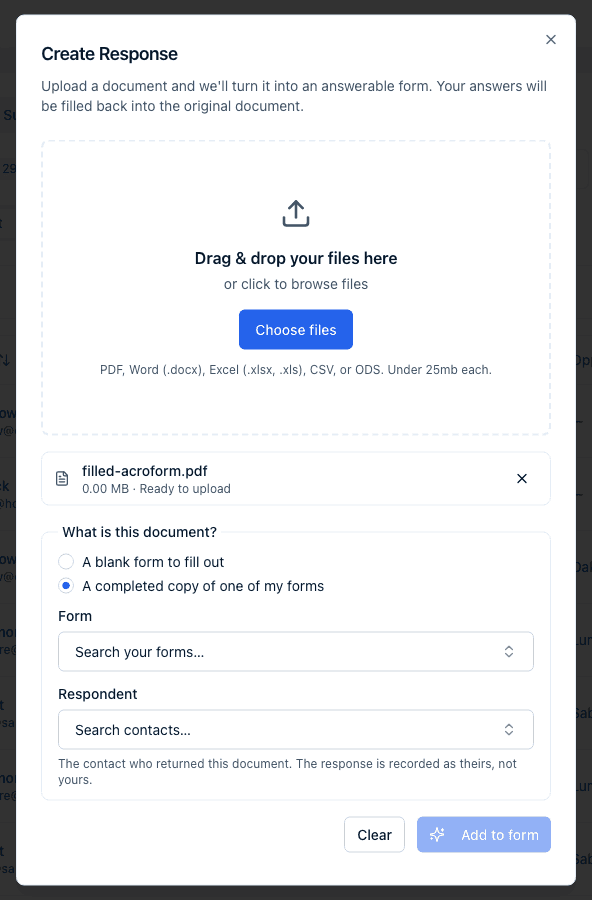 The Create Response dialog with a returned spreadsheet listed, A completed copy of one of my forms selected, and the Form and Respondent pickers below it.