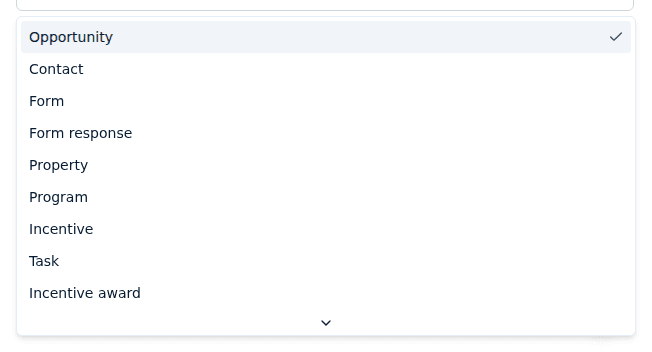 The Add chart dialog's Data source dropdown open, listing Opportunity, Contact, Form, Form response, Property, Program, Incentive, Task, Incentive award, and Metric.