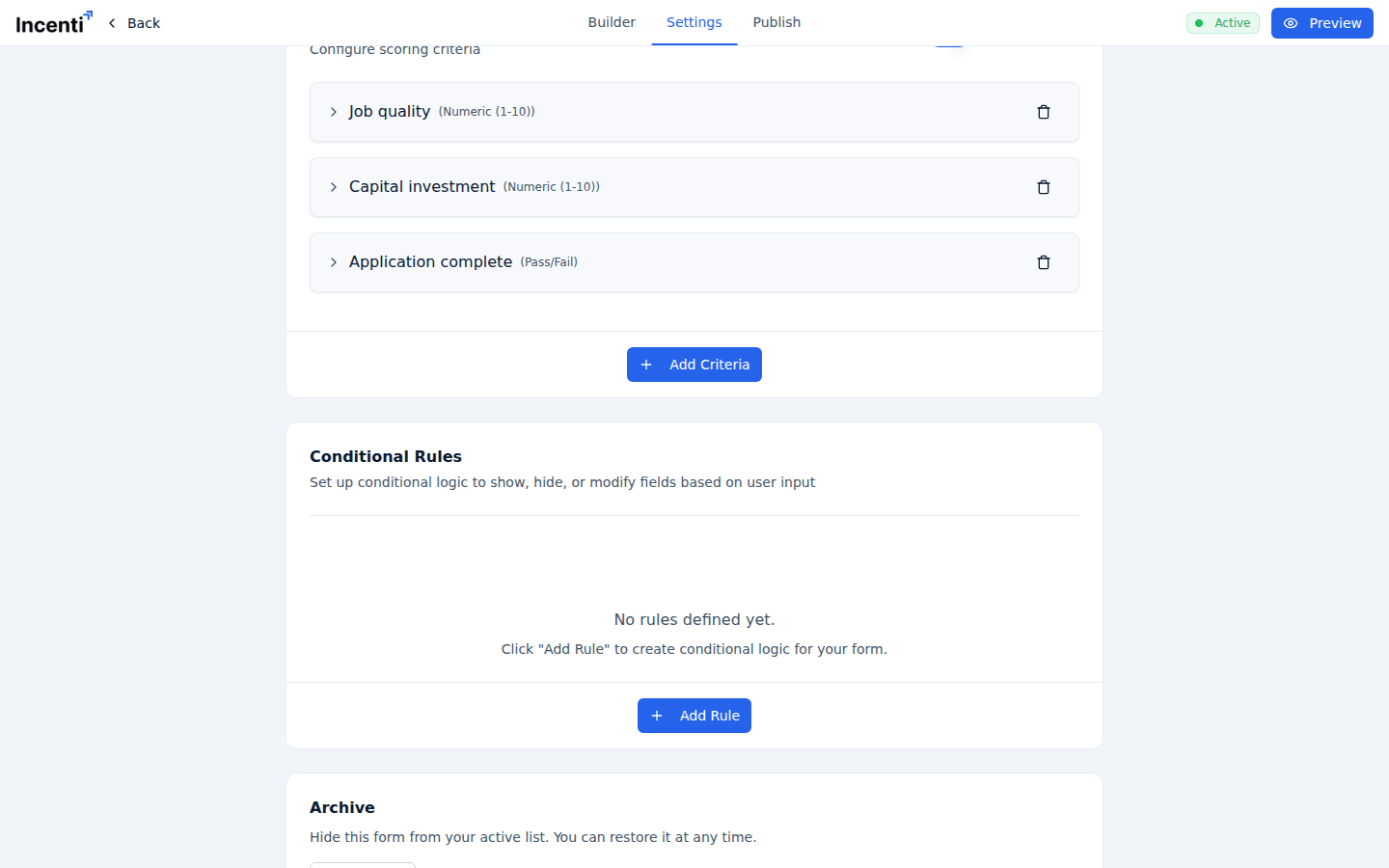 The Conditional Rules card on the builder's Settings tab, with its explanation that rules show, hide, or modify fields based on user input, and the Add Rule button.