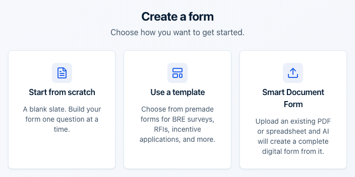 The Create a form screen with three starting points: Start from scratch, Use a template, and Smart Document Form.