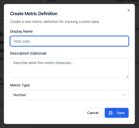 The Create Metric Definition dialog's fields.
