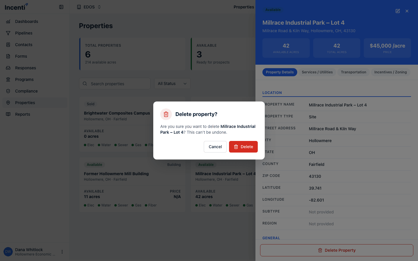 The delete confirmation dialog, warning that deleting the property can't be undone.