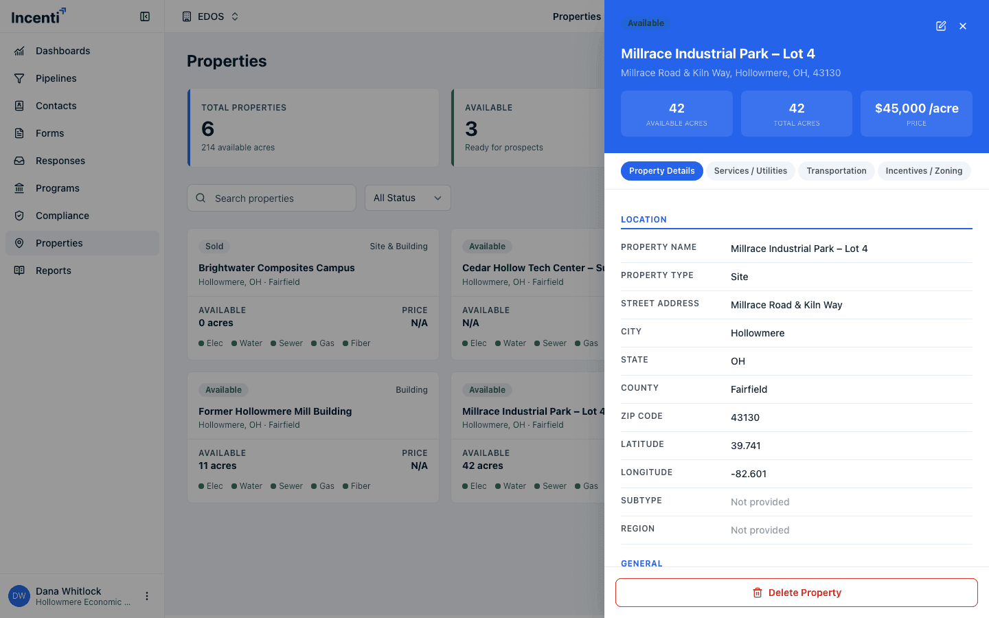 A property's detail panel open on the right, showing the header stat boxes and the Property Details tab.