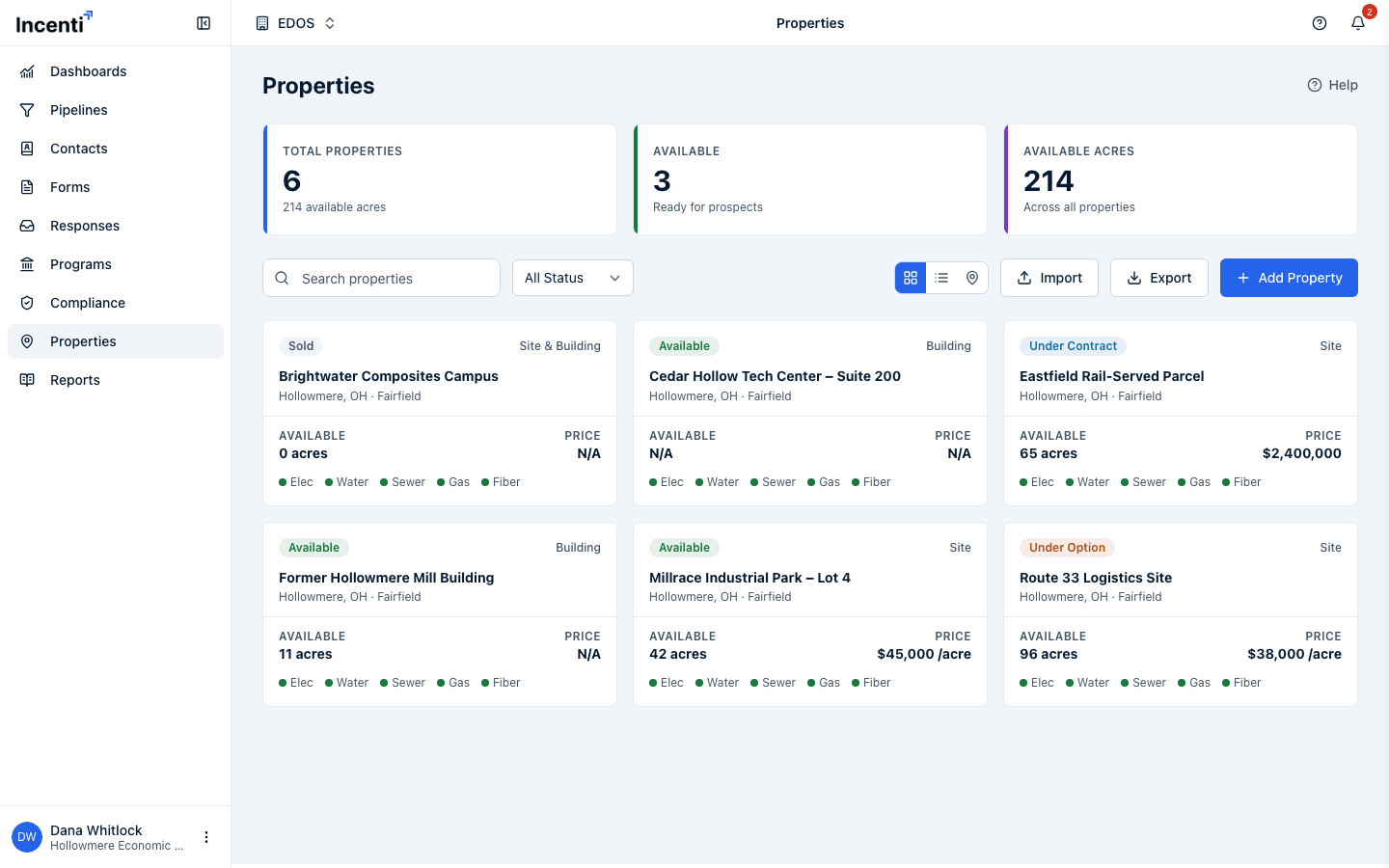 Properties page showing the three stat cards, the search and filter toolbar, and the grid of property cards.