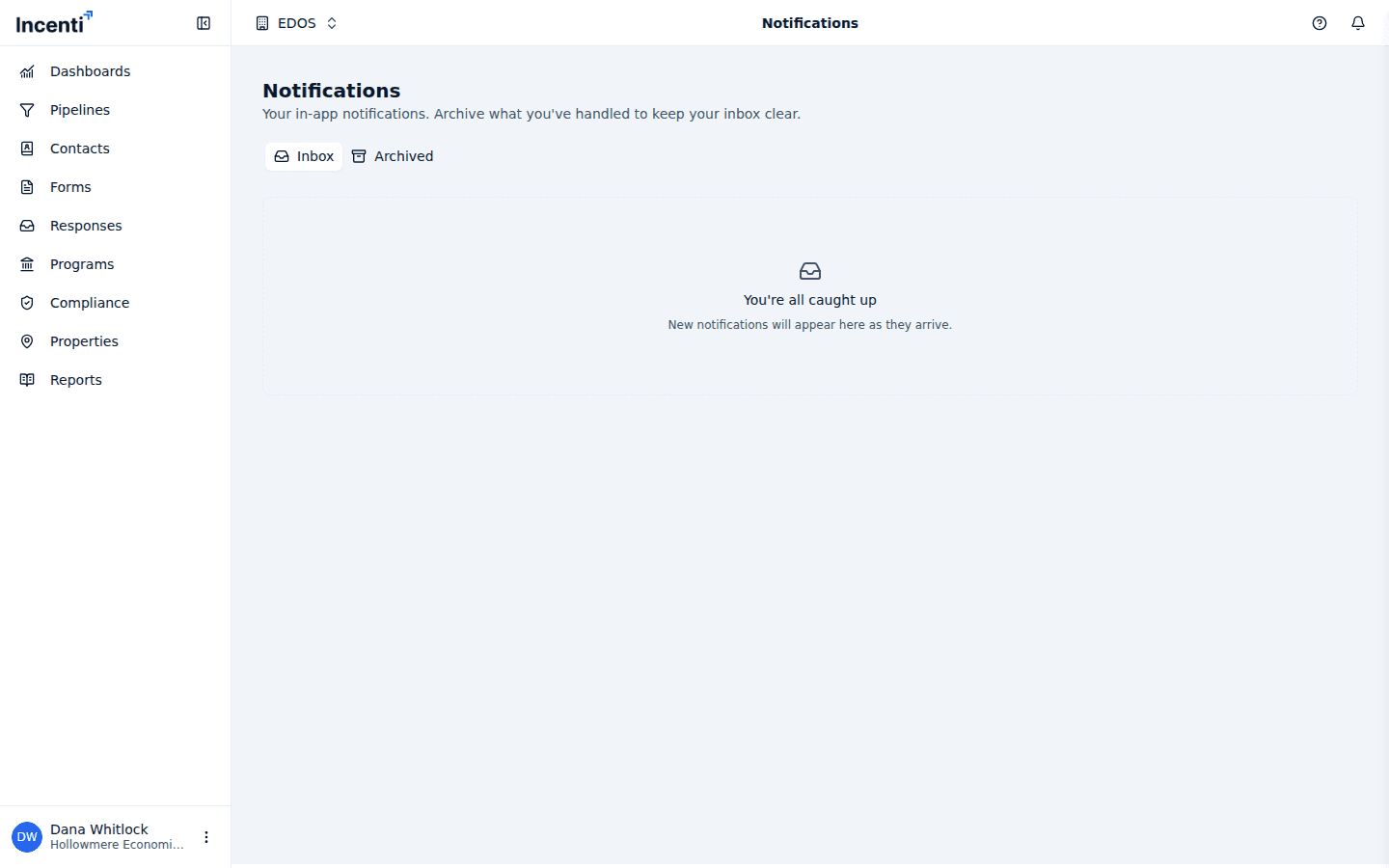 The Notifications page with Inbox and Archived tabs, a Mark all as read button, and notifications each with a title, message, and time, the unread ones shaded with a blue dot.
