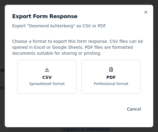 The Export Form Response dialog offering CSV in spreadsheet format and PDF in professional format.