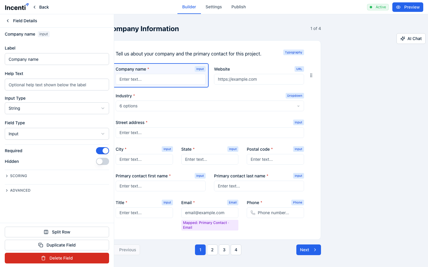 Field Details for the Company name field: Label, Help Text, Input Type, Field Type, Required and Hidden toggles, and the collapsed Scoring and Advanced sections, with the selected field highlighted on the canvas.