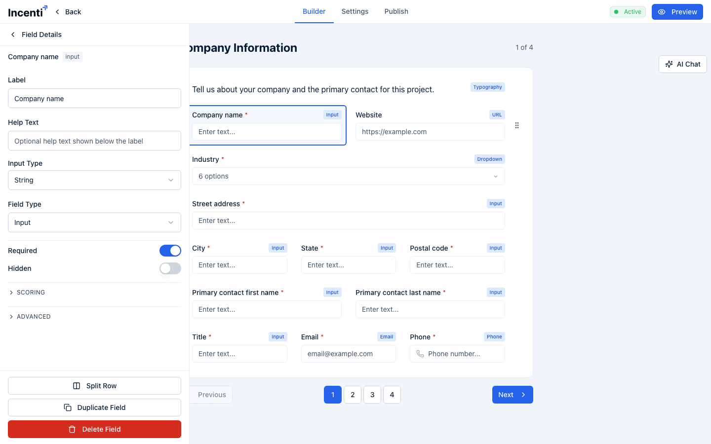 Field Details for the Company name field: Label, Help Text, Input Type, Field Type, Required and Hidden toggles, and the collapsed Scoring and Advanced sections, with the selected field highlighted on the canvas.