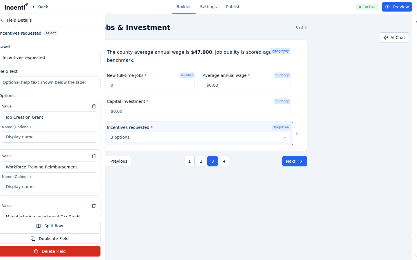 The Options editor in Field Details for the Incentives requested dropdown, with one card per choice showing its Value and Name (Optional) boxes and an Add Option button underneath.