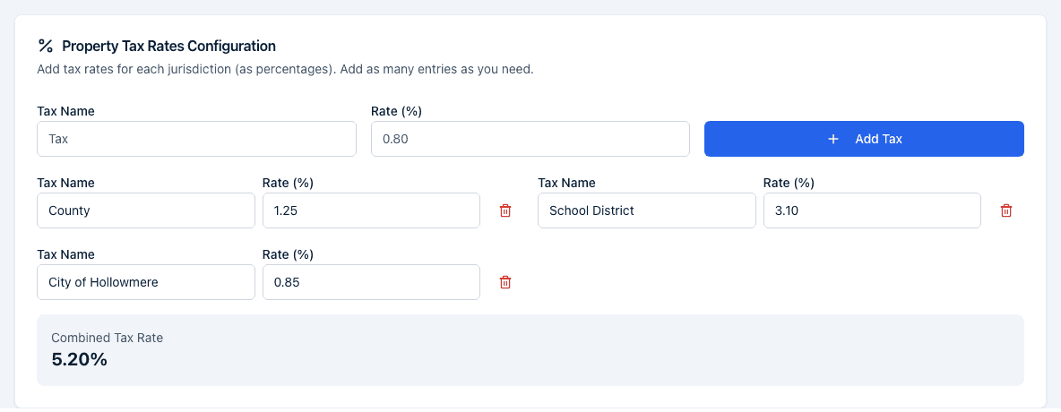 The Property Tax Rates Configuration card with the Tax Name and Rate fields, the Add Tax button, three jurisdiction rows, and the Combined Tax Rate footer.