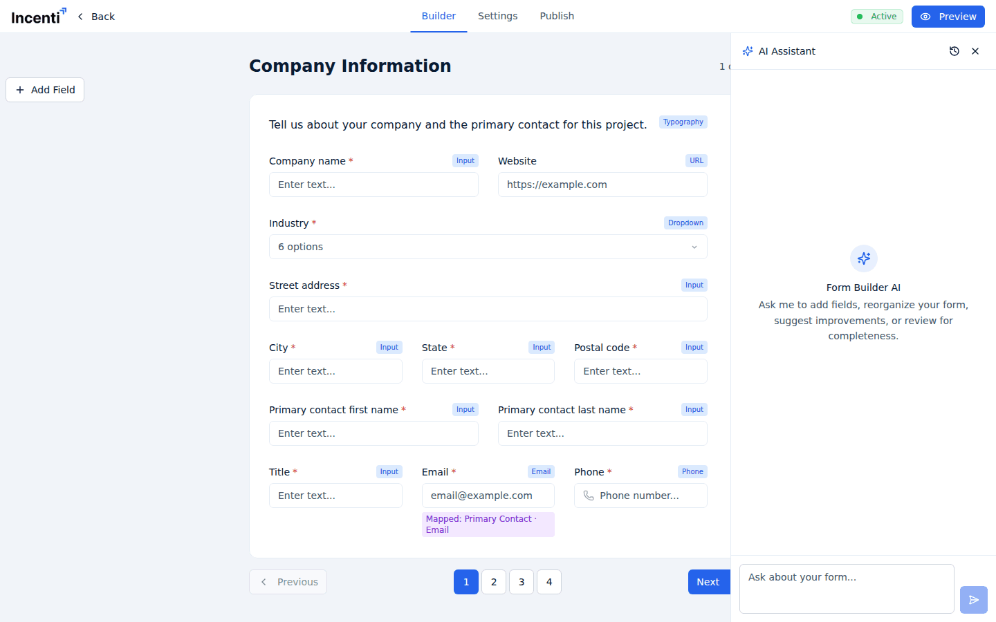 The form builder with the Form Builder AI panel open on the right, showing its empty-state invitation to add fields, reorganize the form, suggest improvements, or review for completeness, the Chat history, Clear chat, and Close chat icons, and the Ask about your form... box.