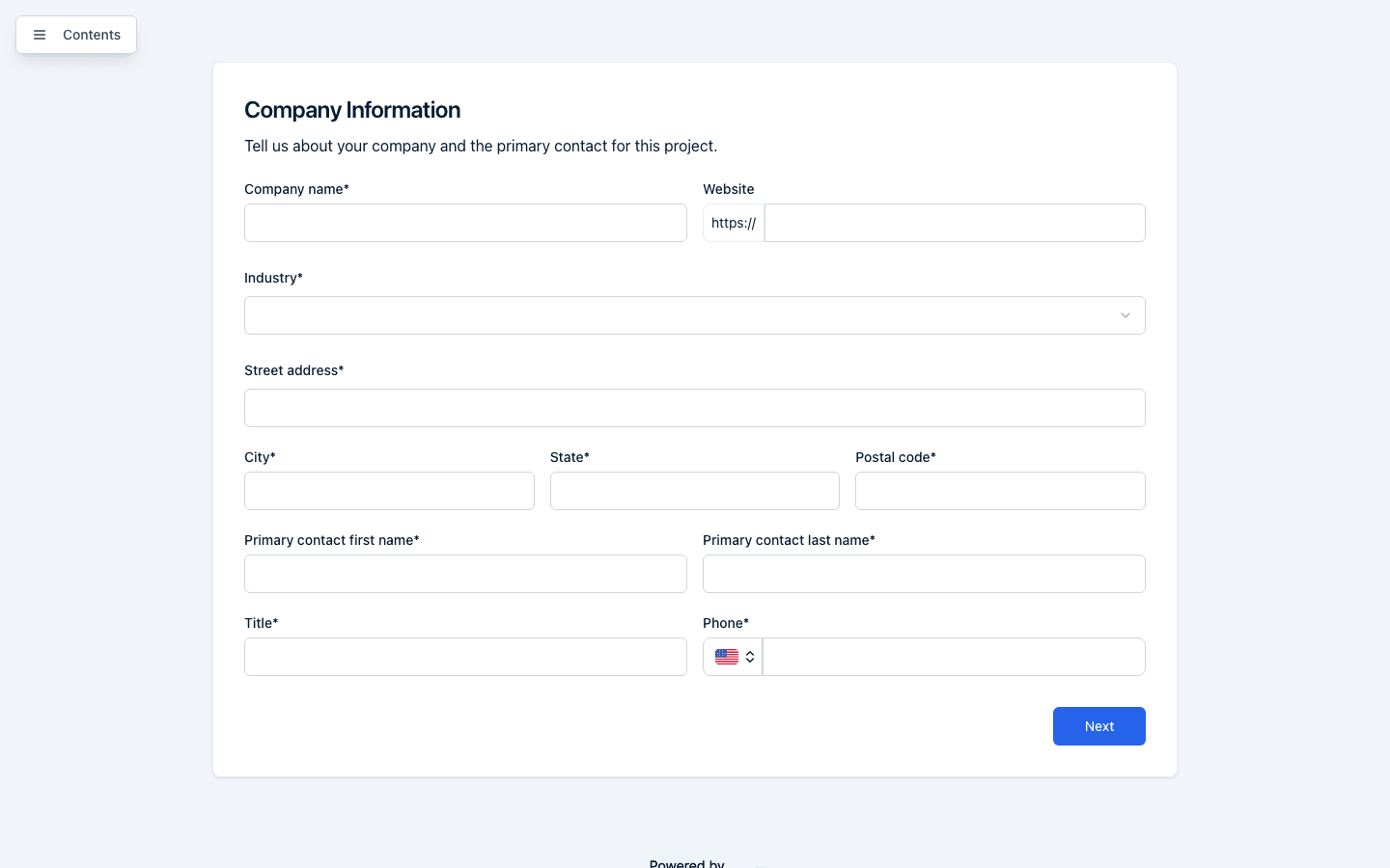 The first page of a public form, Company Information, with its fields, a Contents button to jump between pages, and a Next button.
