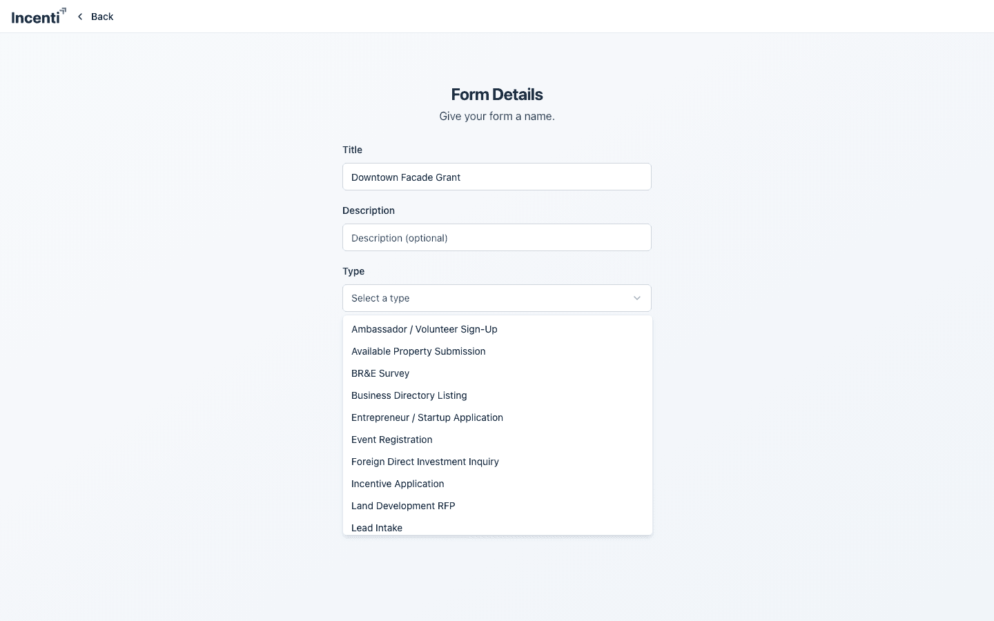 The Form Details screen with the Type dropdown open, listing the account's form types alphabetically; the list scrolls, and Other is its last option.