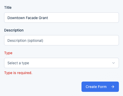 The Form Details screen showing the Type is required. validation message after submitting with no type selected.