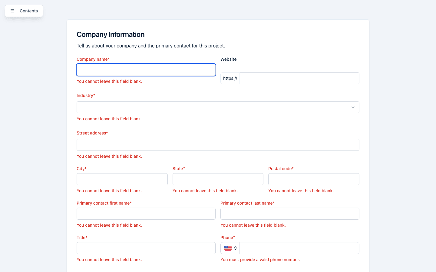The Company Information page after clicking Next with required fields empty, showing inline "You cannot leave this field blank." messages under each required field.