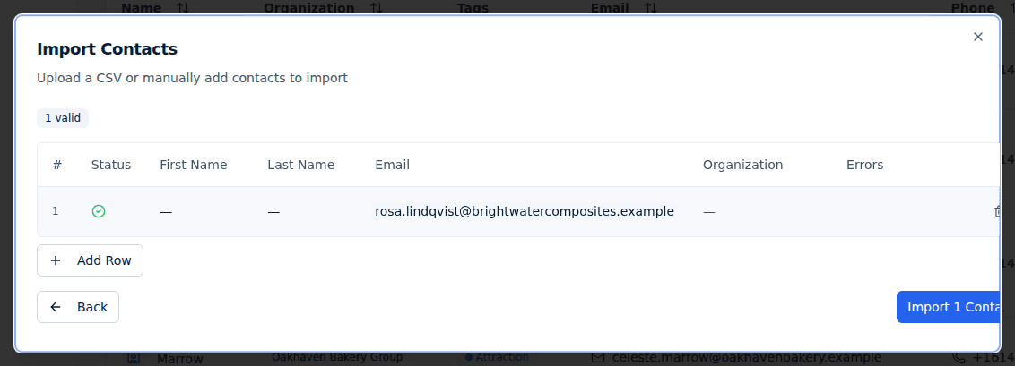 The Import Contacts preview step: a one-row editable table with First Name, Last Name, Email, Organization, and Errors columns, a 1 valid badge above it, and the Add Row, Back, and Import 1 Contact controls.