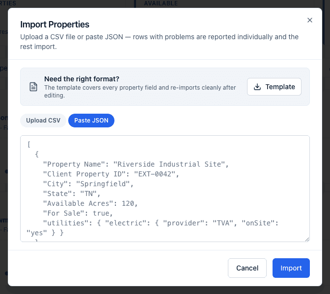 The Import Properties dialog on the Paste JSON tab, showing the JSON textarea with a placeholder example.