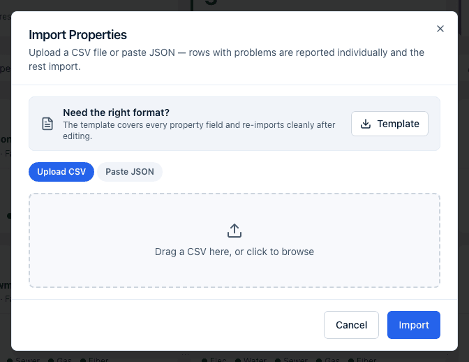 The Import Properties dialog on the Upload CSV tab, showing the template download, the Upload CSV and Paste JSON tabs, and the drag-and-drop area.