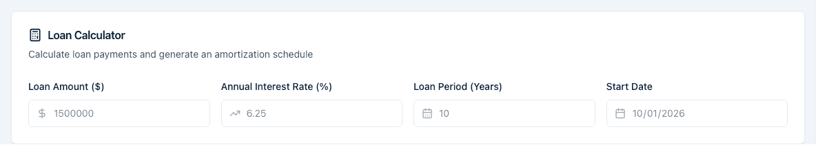 The Loan Calculator card with Loan Amount, Annual Interest Rate, Loan Period (Years), and Start Date fields.