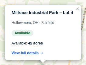 A map pin's popup showing the property name, city and state, status badge, available acreage, and a View full details button.