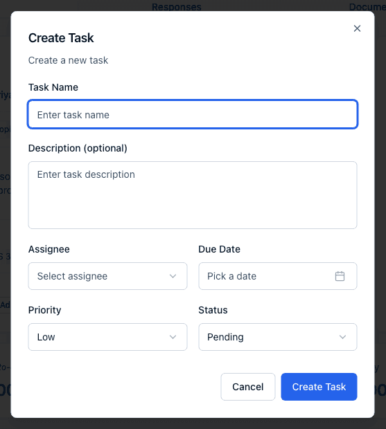 The Add Task dialog with Task Name, Description, Assignee, Due Date, Priority, and Status fields.