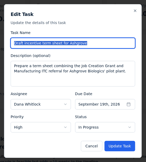 The Edit Task dialog opened from a task row, showing the task's current name, description, assignee, due date, priority, and status.
