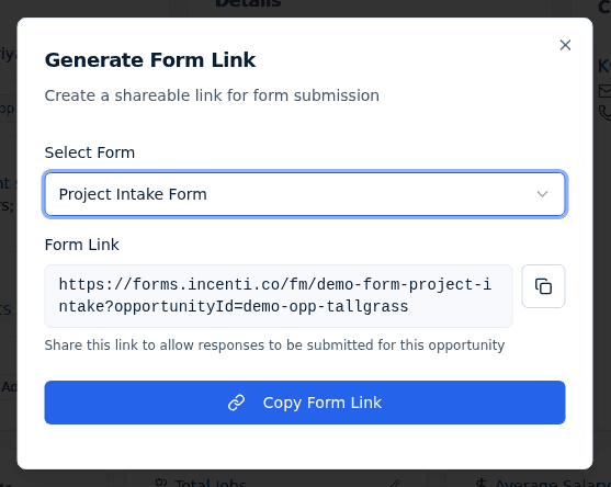 The Generate Form Link dialog with its Select Form dropdown, the generated form link, and the Copy Form Link button.