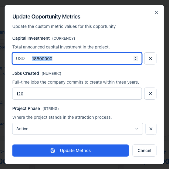 The Update Opportunity Metrics dialog with one input per custom metric.