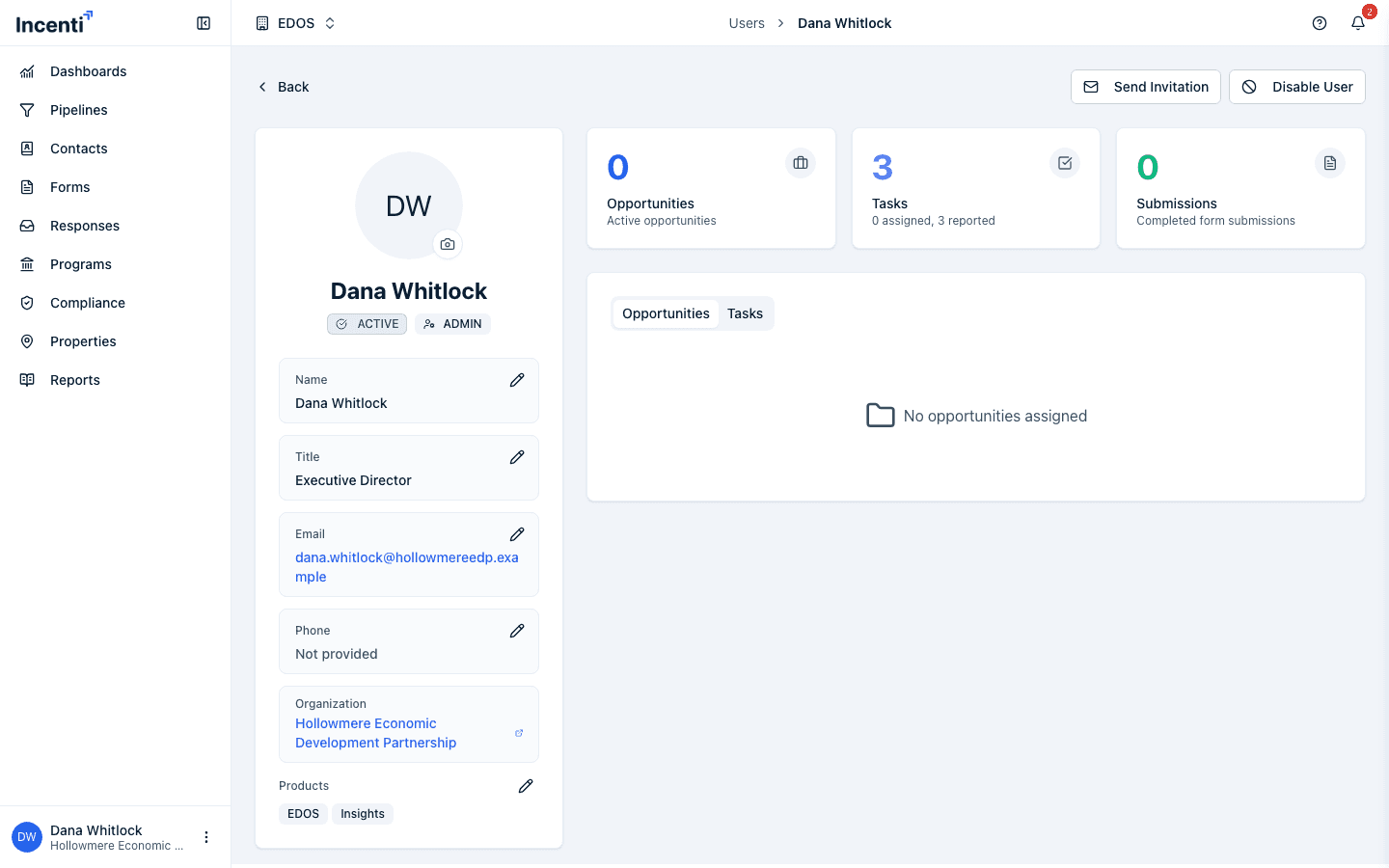 The profile page with an avatar, name, Active and Admin badges, inline-editable Name, Title, Email, and Phone fields, the Organization, and the Products list, with summary cards for opportunities, tasks, and submissions on the right.