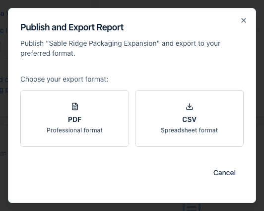 The Publish and Export Report dialog offering two formats, PDF (Professional format) and CSV (Spreadsheet format), with a Cancel button.