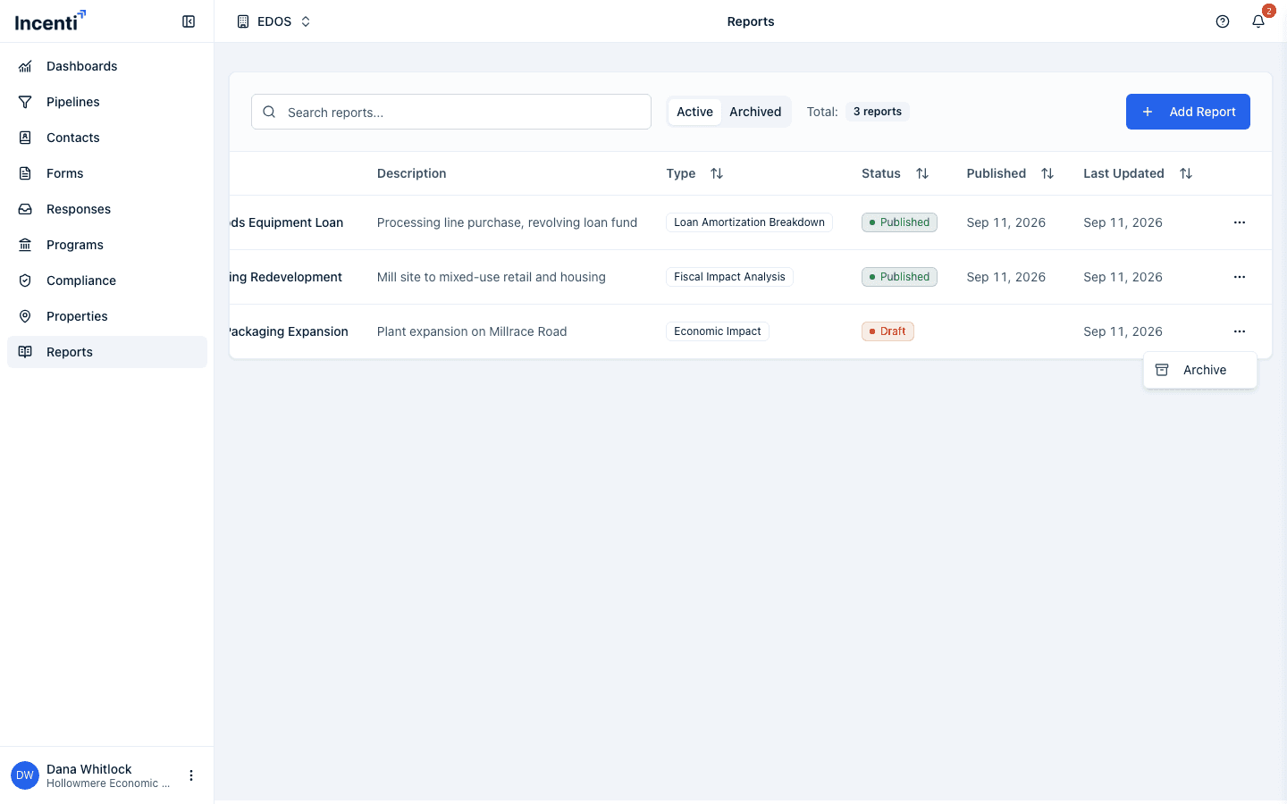 The Reports list with the row actions menu open on a report, showing the Archive option.