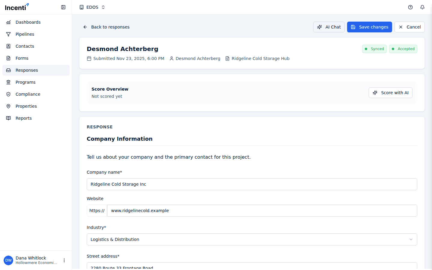 A response's detail page in edit mode, with its answers as editable fields and the Save changes and Cancel buttons in the action bar.