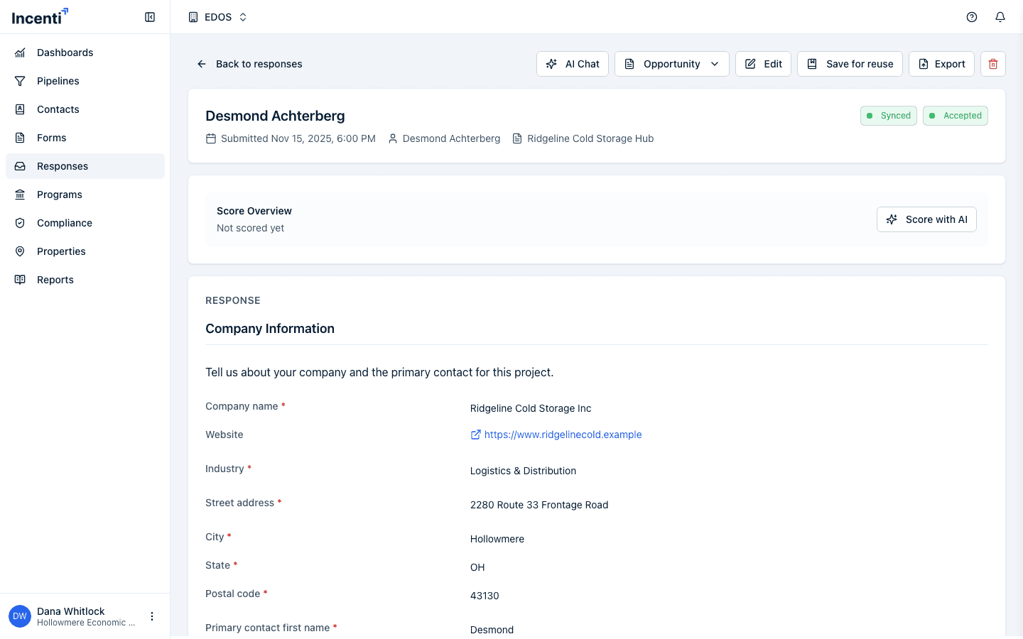 The top of a response's detail page with the respondent's name, submission date, linked contact and opportunity chips, status badges, and the AI Chat, Opportunity, Edit, Save for reuse, and Export action buttons.