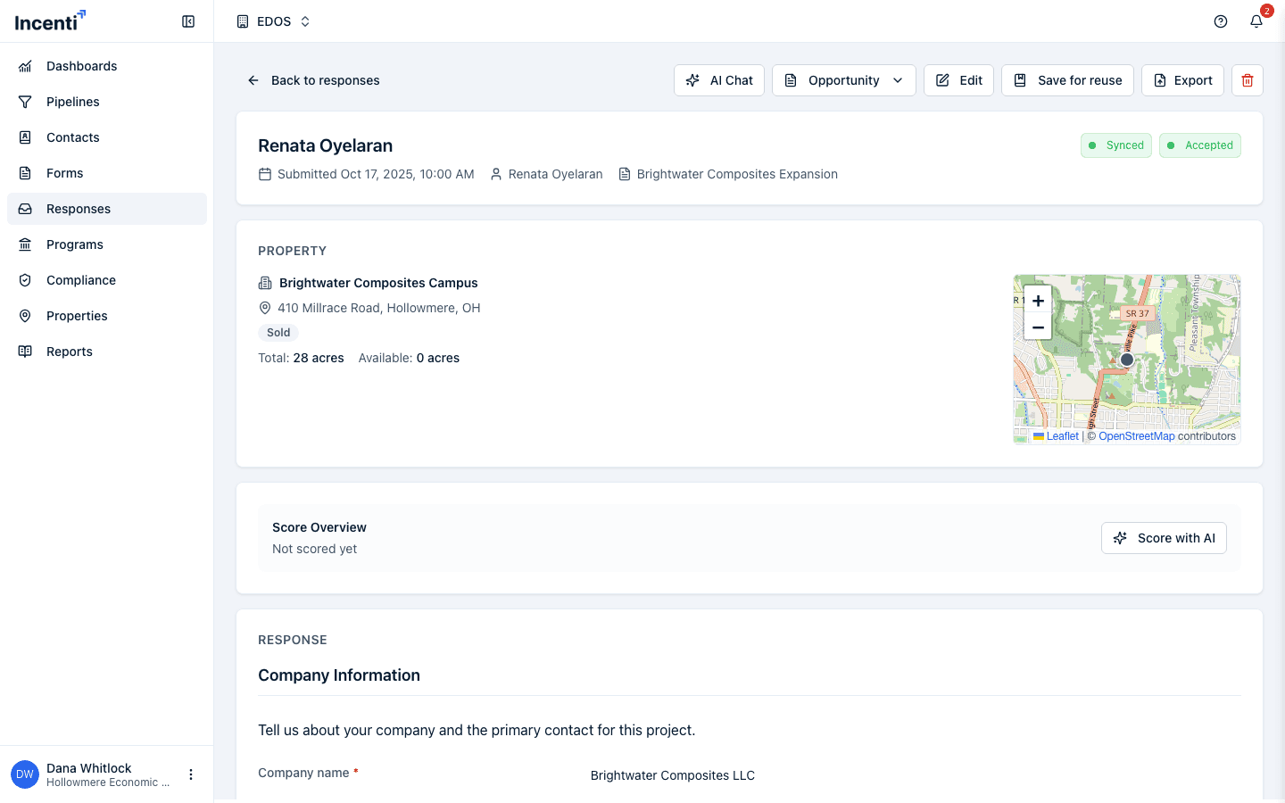 A form response's detail page showing the Property card with the linked property's name, address, status, and a small map.