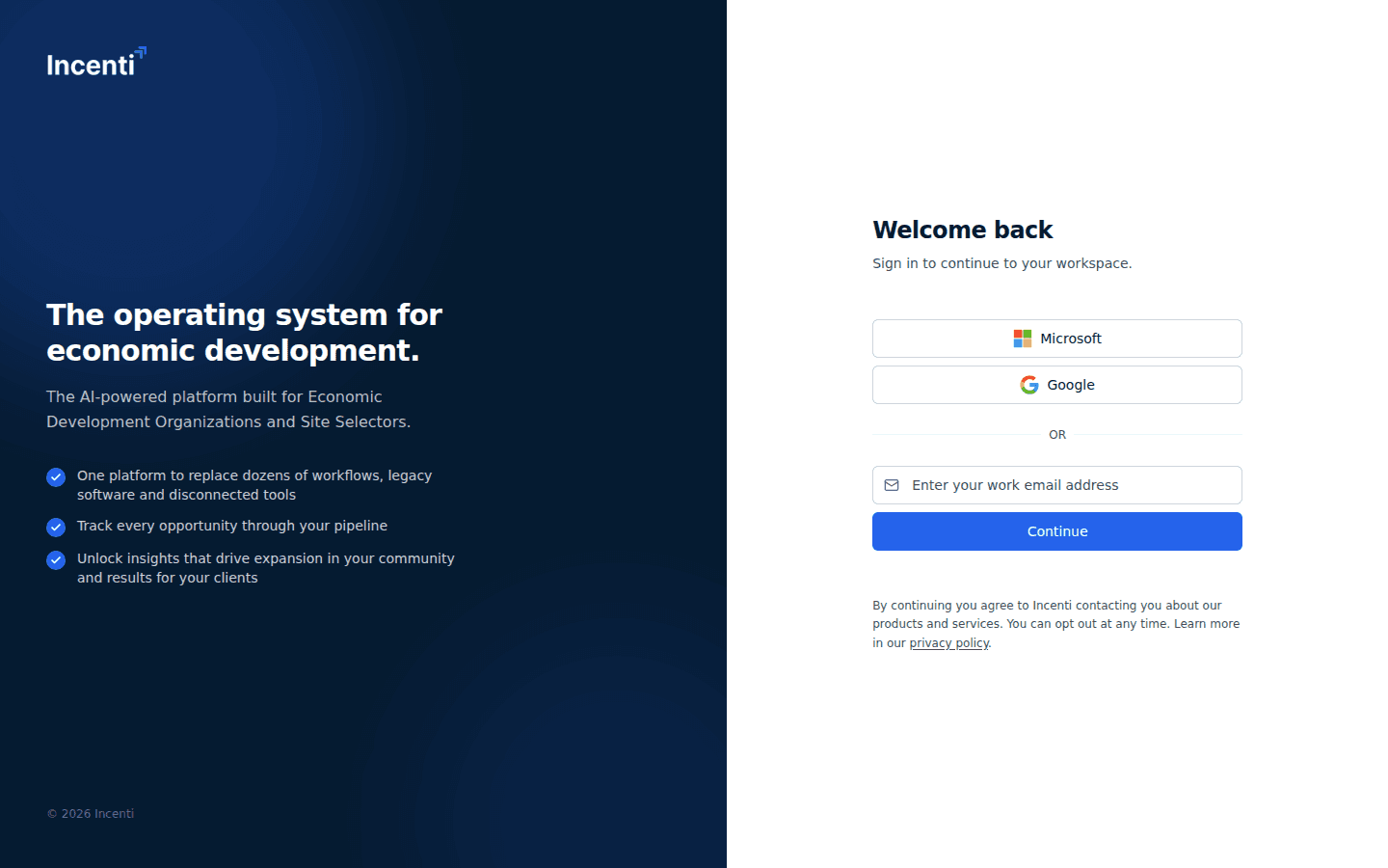 The sign-in page with Microsoft and Google buttons and an email field to continue with a sign-in link.