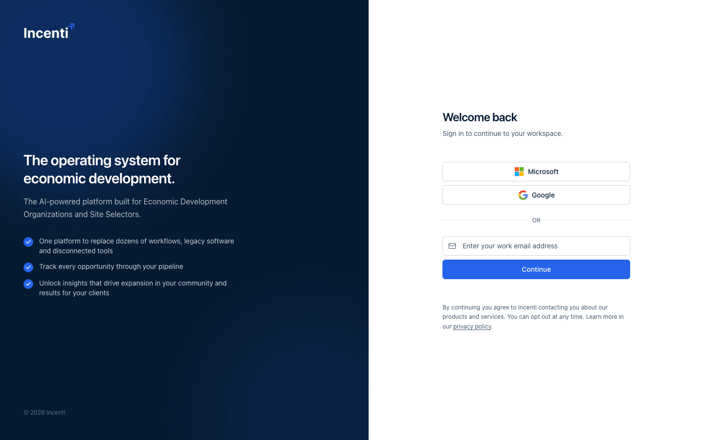 The sign-in page with Microsoft and Google buttons and an email field to continue with a sign-in link.