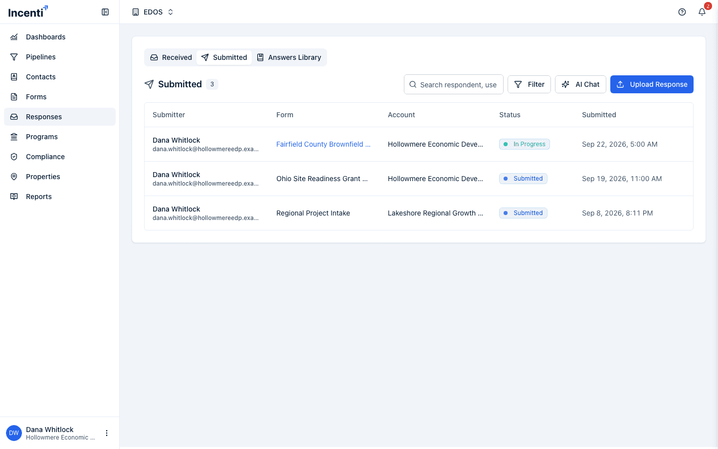 The Submitted tab of the responses list with the Upload Response button beside the search box.