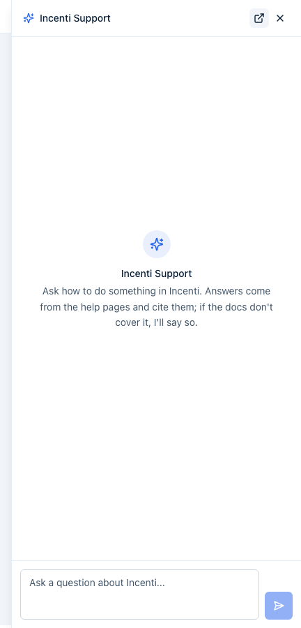 The Incenti Support panel open, with its intro text explaining it answers from the help pages, an input box labeled "Ask a question about Incenti...", and an Open help site button in the header.