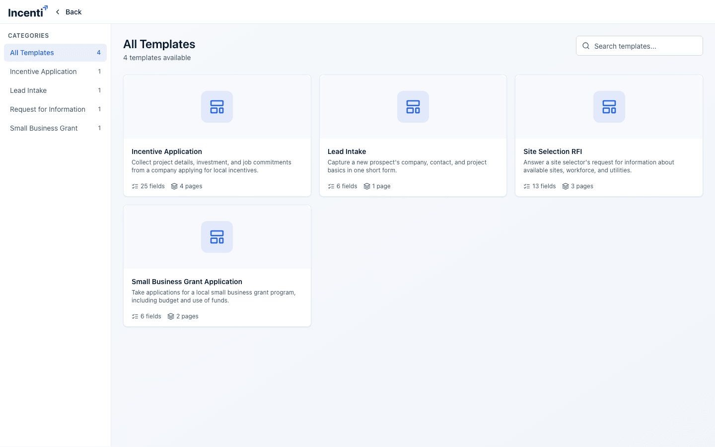 The template browser with a Categories sidebar on the left and a grid of template cards, each showing its field count and page count.