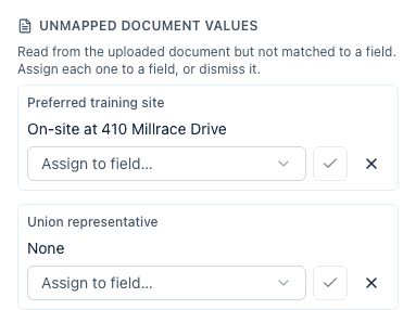 The Details rail of a response with an Unmapped document values block listing two values, each with an Assign to field dropdown.