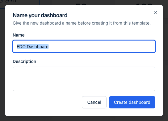 The Name your dashboard dialog with the Name field pre-filled from the template title, an optional Description field, and a Create dashboard button.