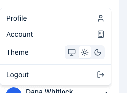 The user menu open at the bottom of the sidebar, showing Profile, Account, and Theme with Light/Dark/System icons, and Logout below a divider.