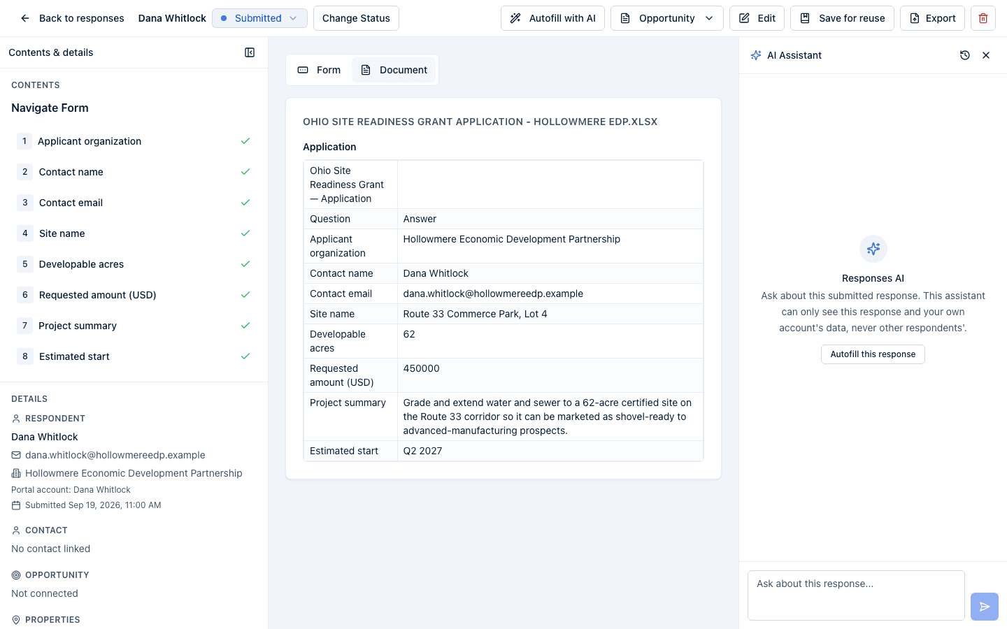 A response opened after upload, with the Document view showing the original spreadsheet beside the Contents & details rail.